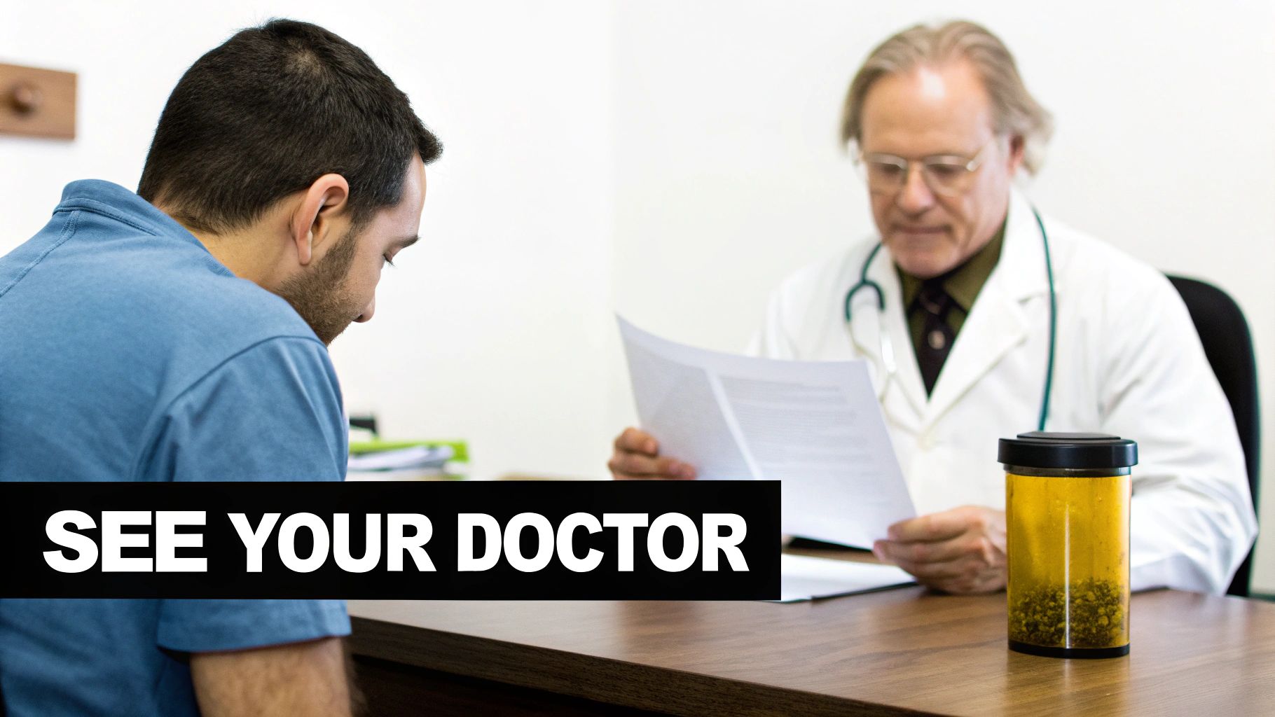 A doctor reviews documents while a patient sits dejectedly during a medical consultation, with a sample jar on the desk.