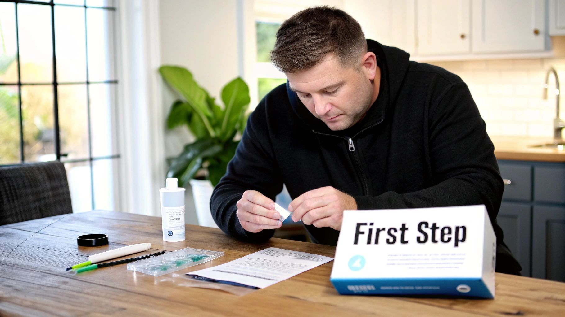 A man carefully opens a component of a home sperm test kit at a wooden table.