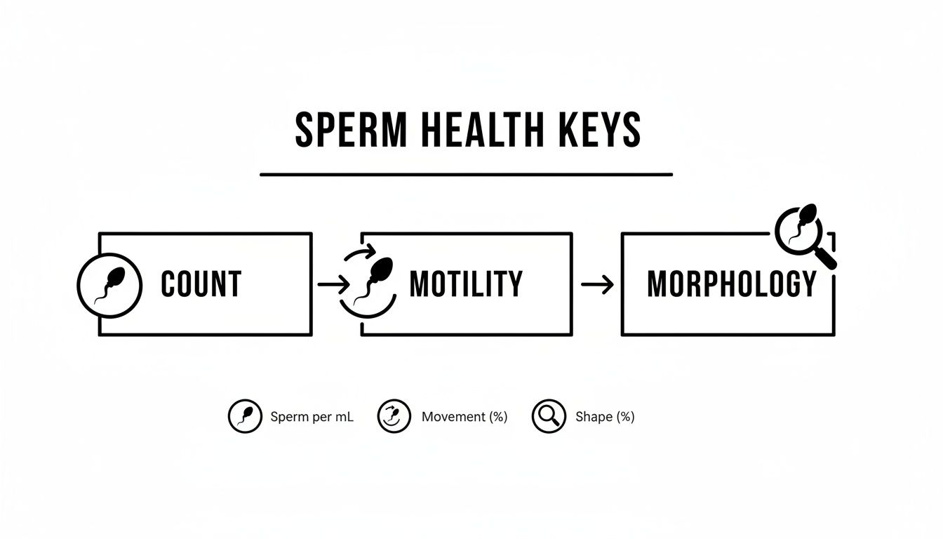 An infographic illustrating the three key parameters of sperm health: count, motility, and morphology, with icons.