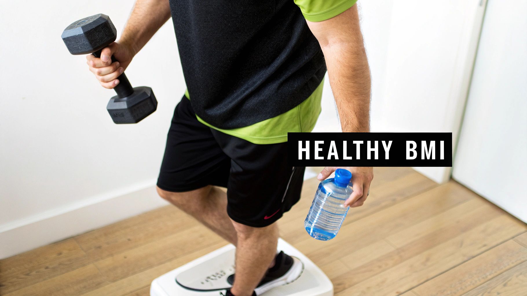 A person in athletic wear stands on a scale, holding a dumbbell and water bottle, with 'HEALTHY BMI' text.