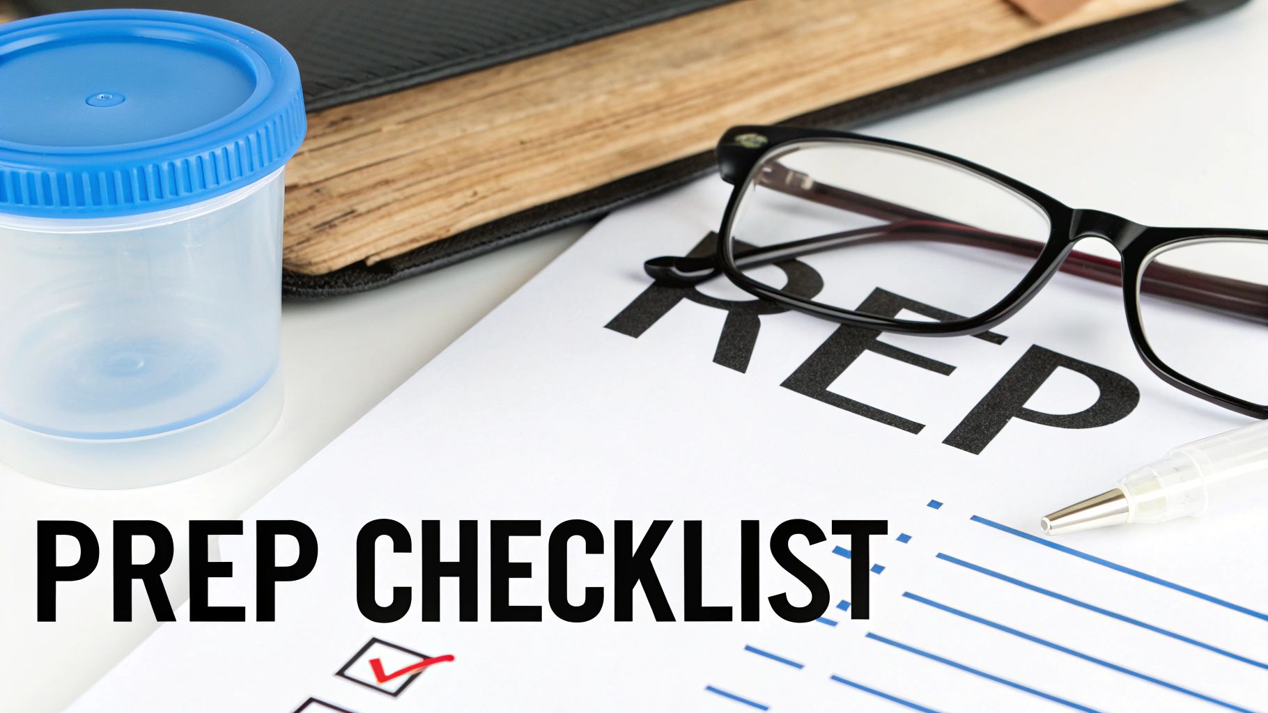 Close-up of a 'Prep Checklist' document with a red checkmark, a sample cup, glasses, and a pen.