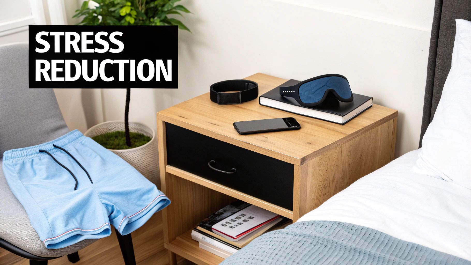A bedroom setting with a nightstand holding a sleep mask, phone, and a prominent 'STRESS REDUCTION' sign.