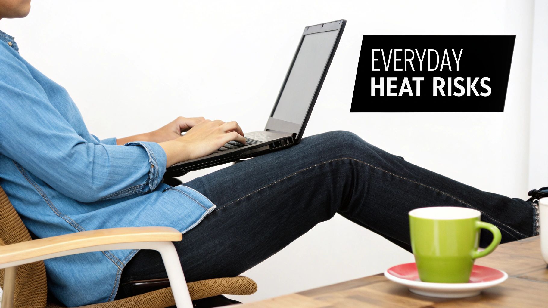 Person in a denim shirt and jeans using a laptop on their lap, with a green mug nearby and text 'EVERYDAY HEAT RISKS'.