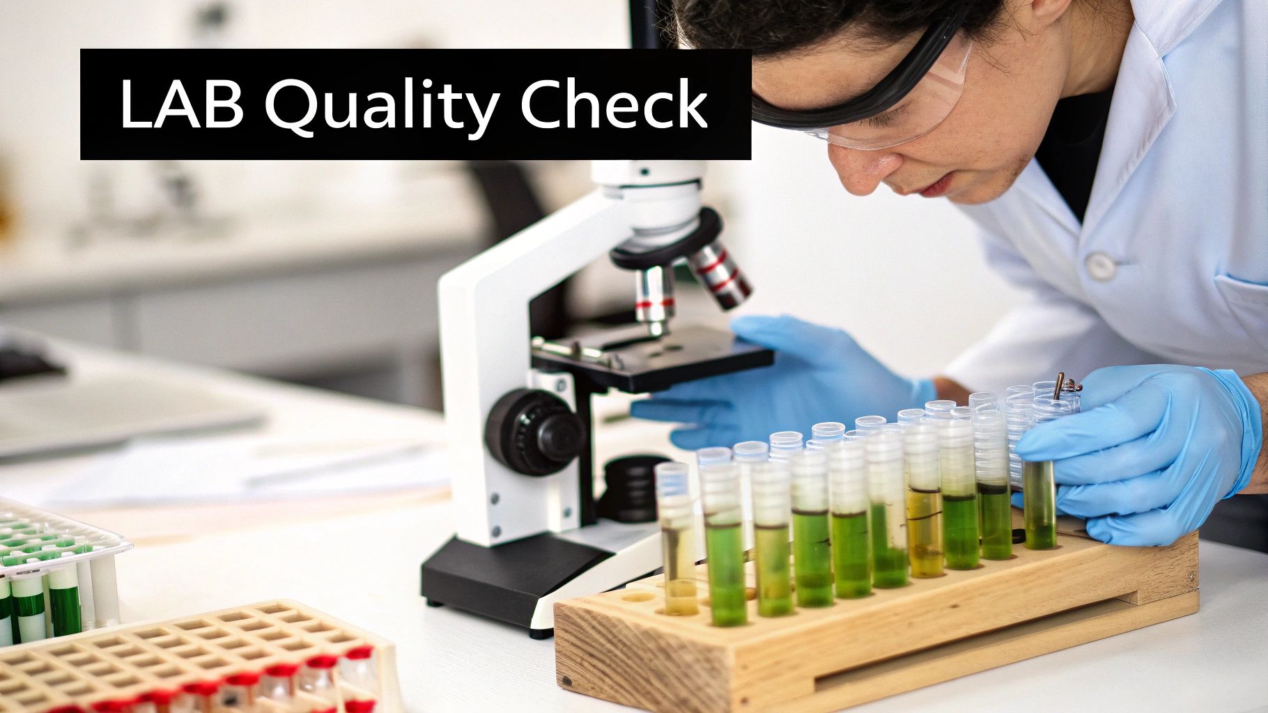 Scientist checking test tubes with green liquid in a lab, with a microscope and text 'LAB Quality Check'.