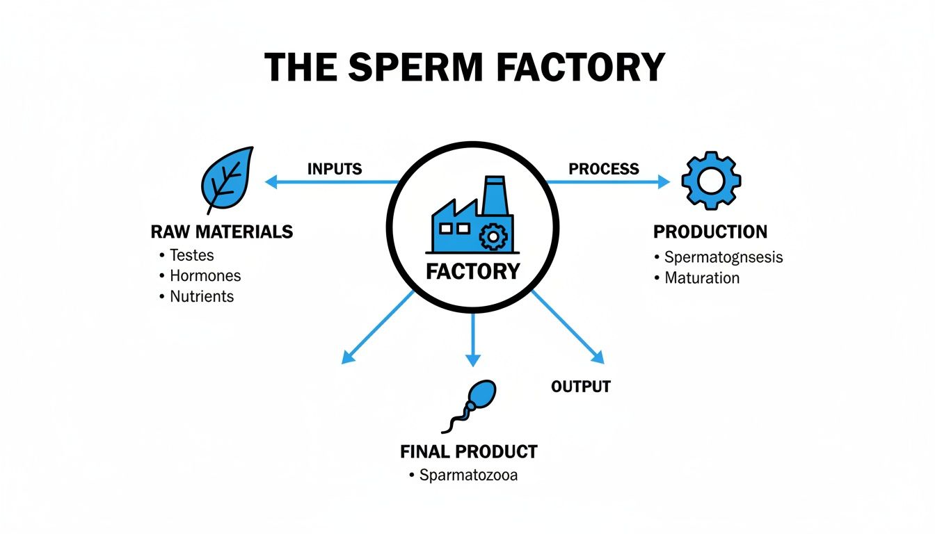 A diagram titled 'The Sperm Factory' illustrating inputs, process, production, and final product of sperm.