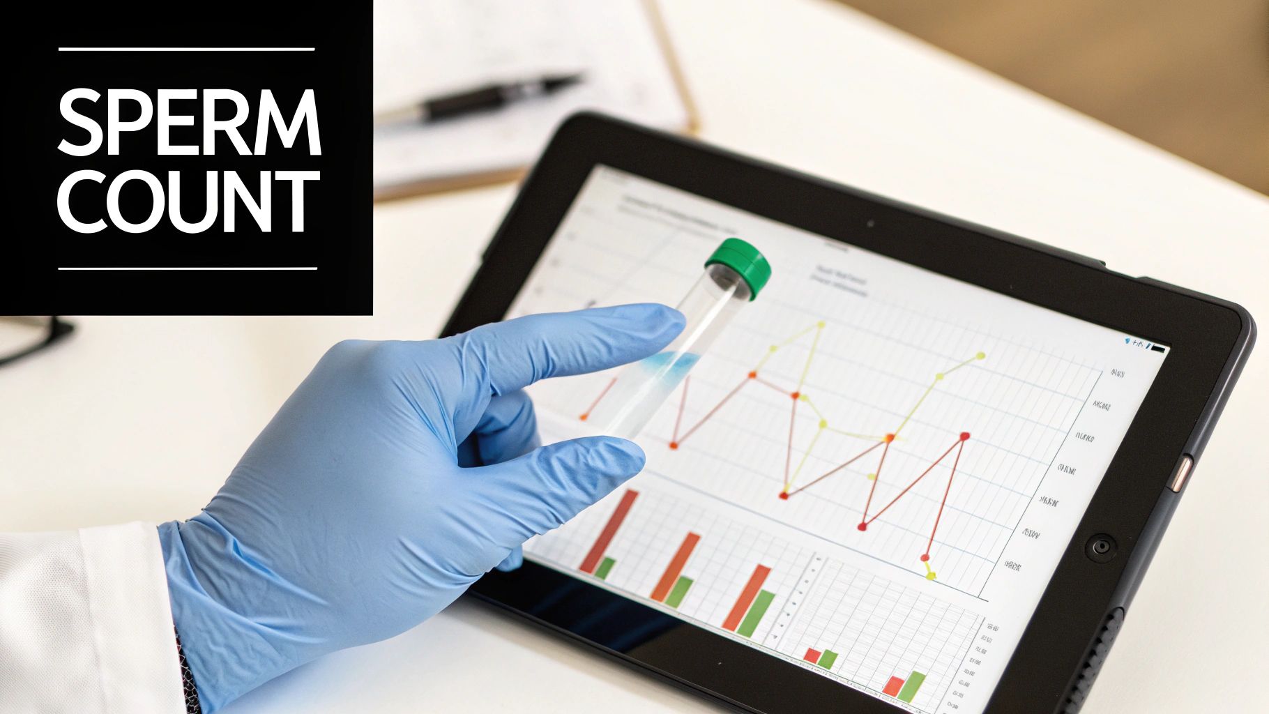 A gloved hand holds a test tube over a tablet displaying graphs, next to 'SPERM COUNT' text.