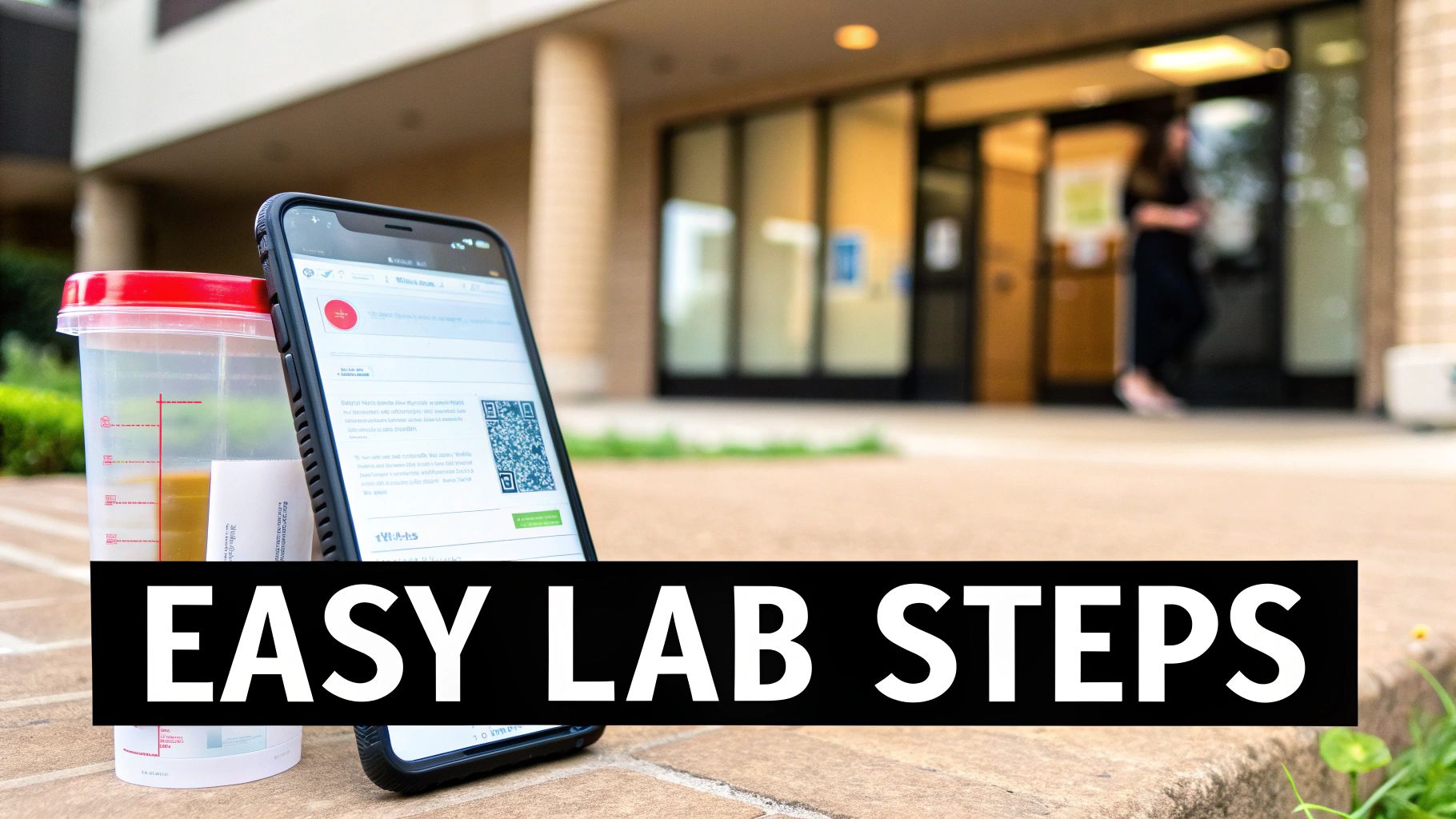 Urine sample container and smartphone displaying QR code for easy lab steps outside a clinic.