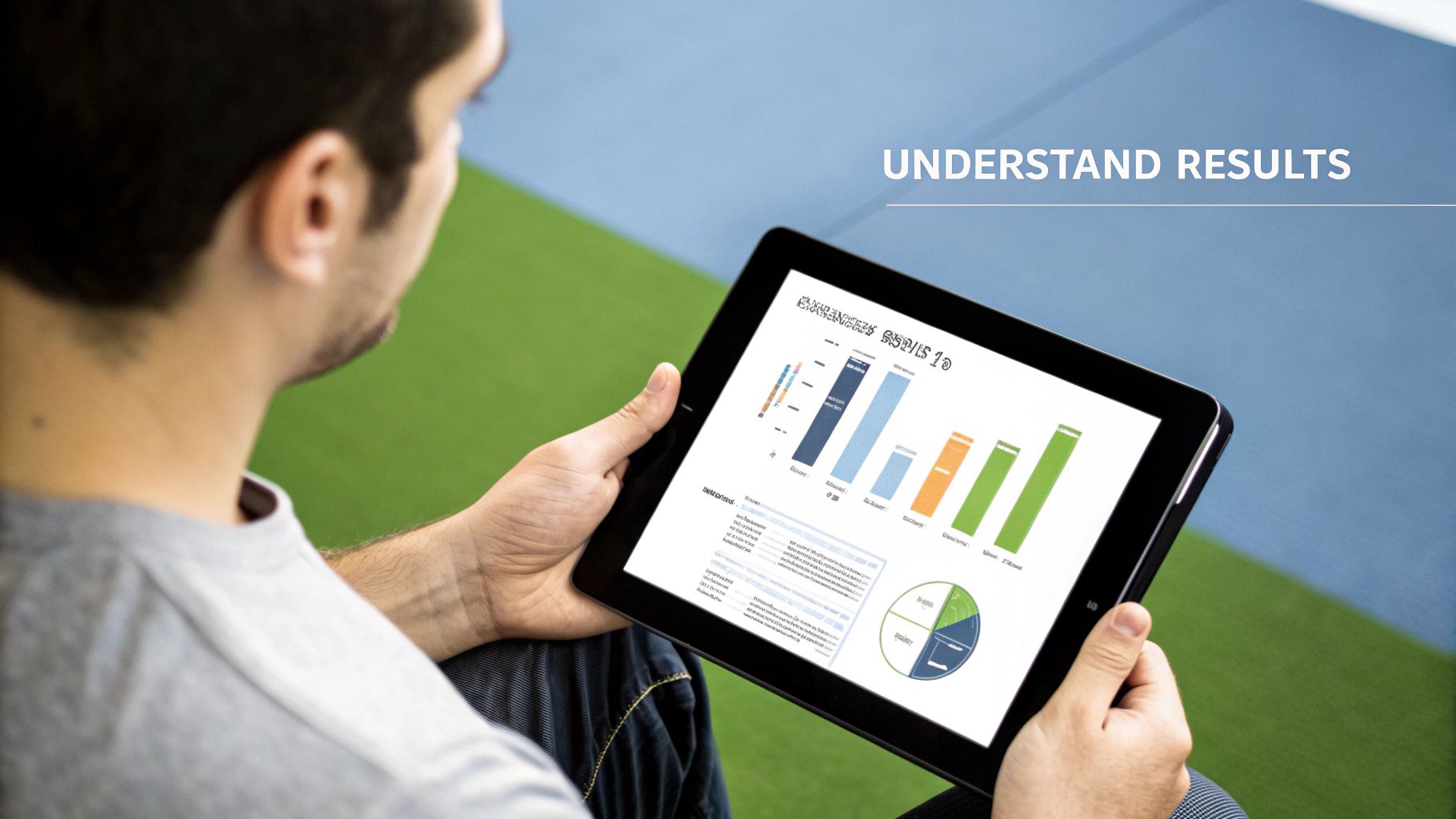 A person views data visualizations and charts on a tablet, focusing on understanding results.