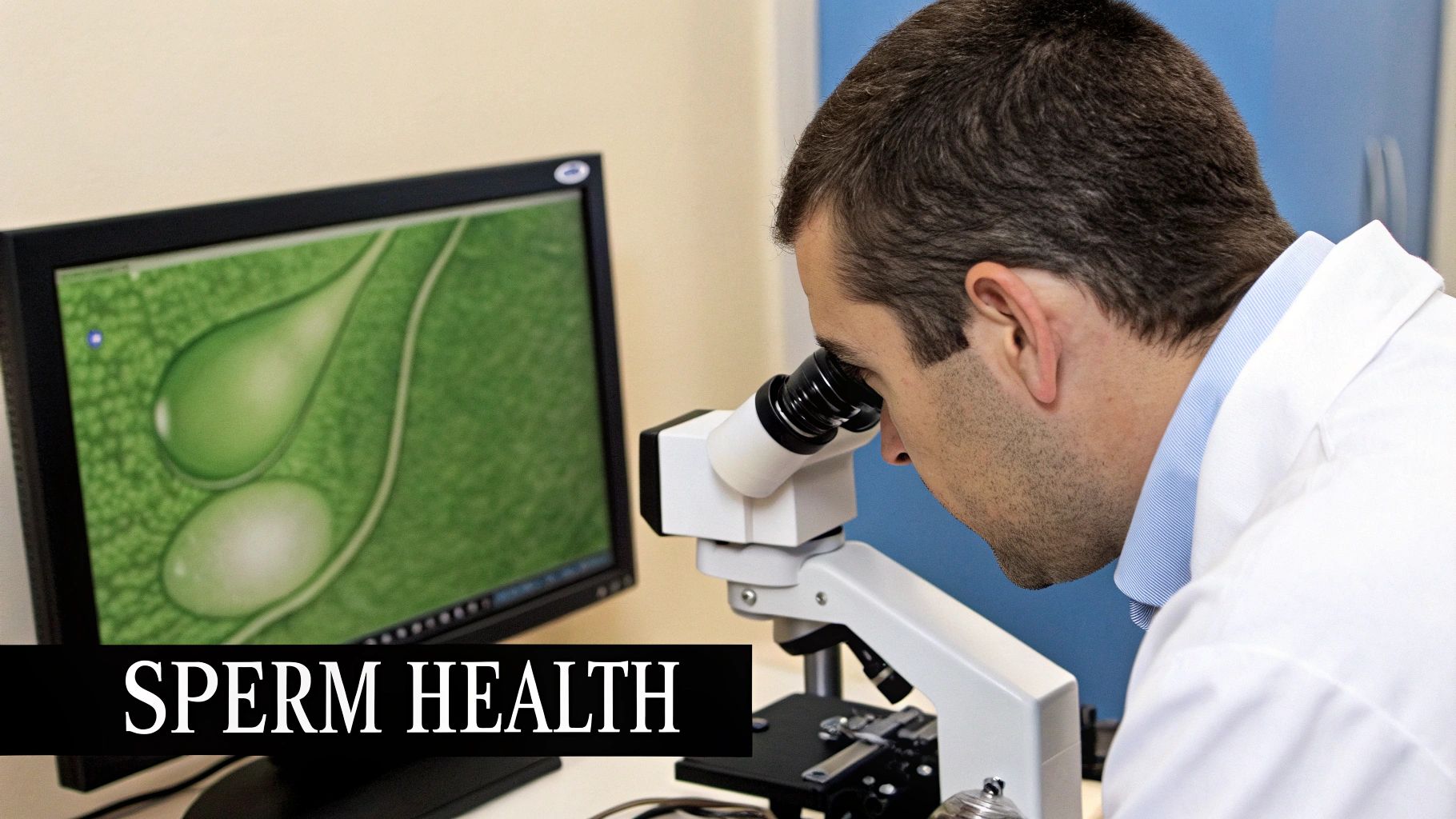 A male professional in a lab coat using a microscope next to a monitor displaying scientific images. Text says 'SPERM HEALTH'.