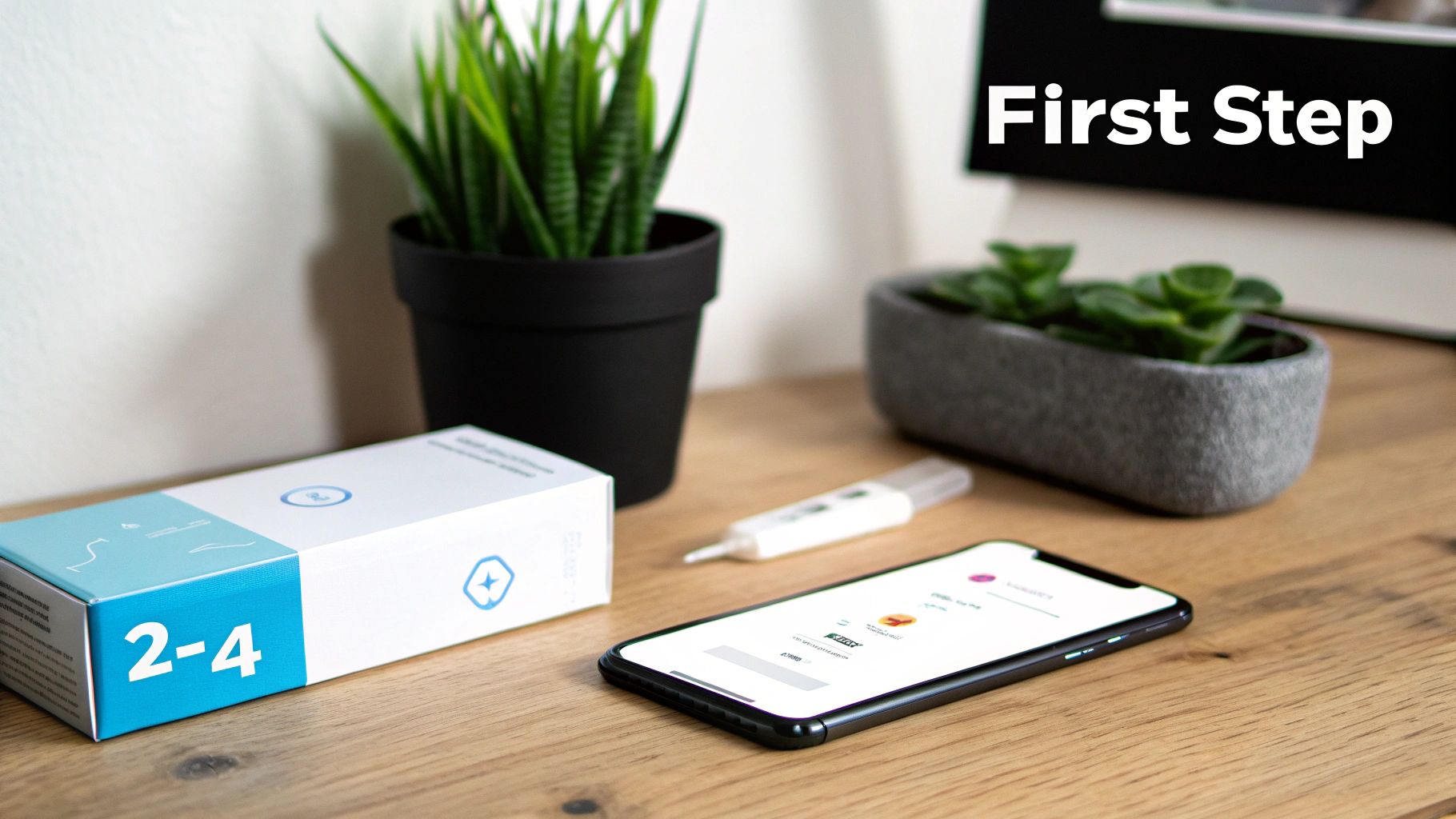A desk with a sperm test kit, a smartphone displaying an app, and potted plants for home testing.