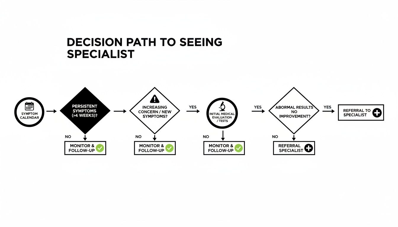 Flowchart illustrating the step-by-step decision path for specialist referral based on symptoms and medical evaluation.