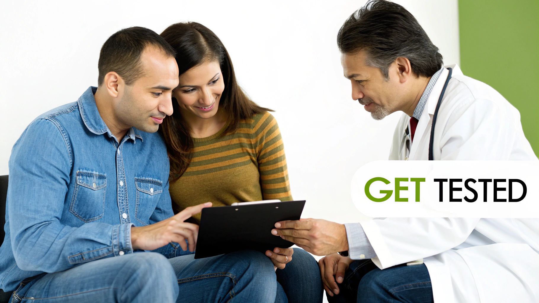A couple consults a male doctor, all looking at a clipboard, with 'GET TESTED' overlay.
