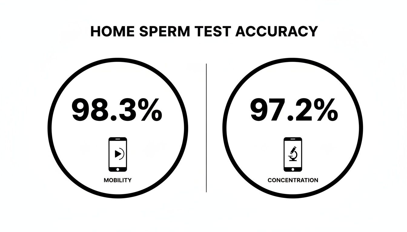 Diagram showing home sperm test accuracy: 98.3% for mobility and 97.2% for concentration.