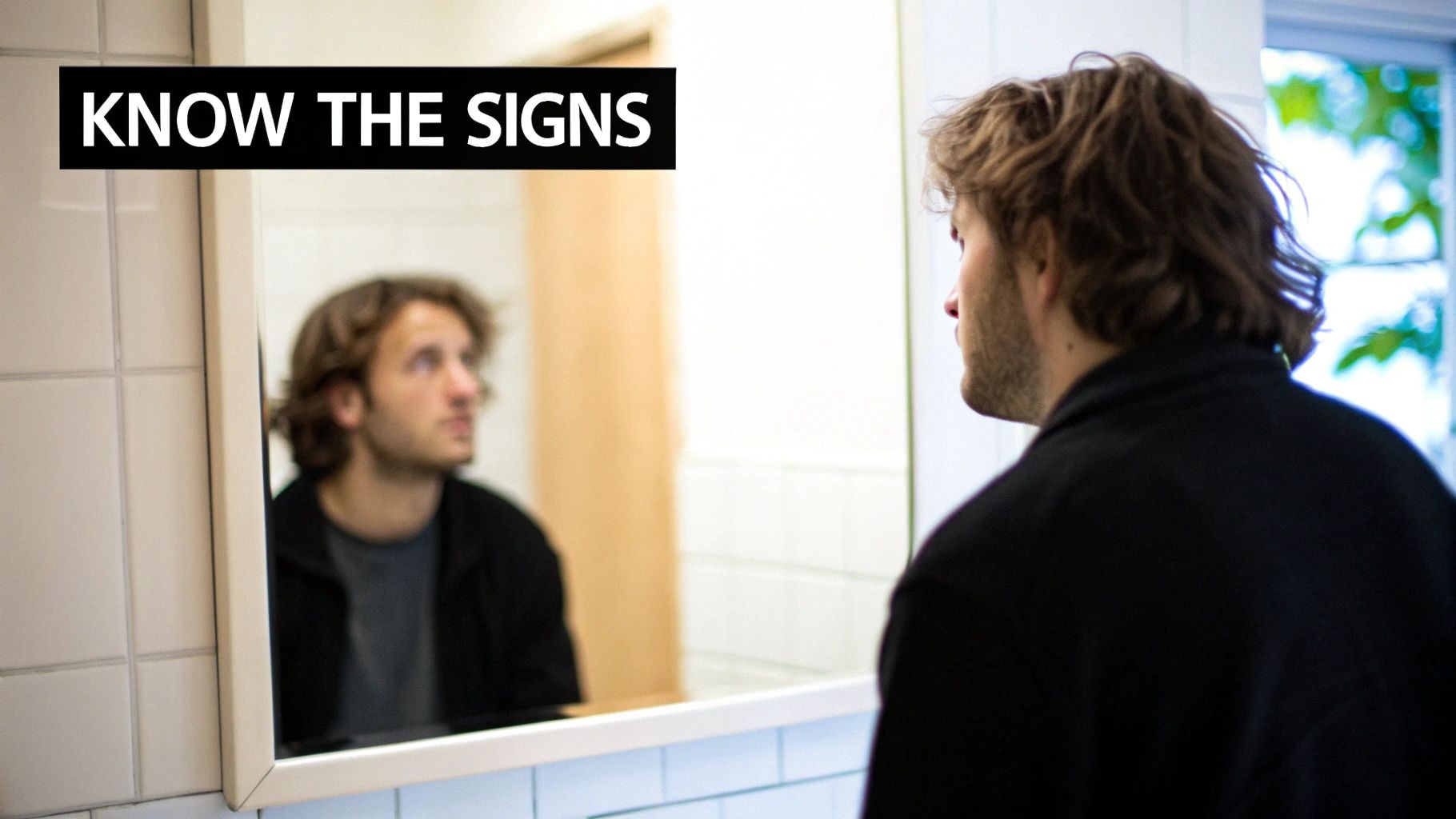 A man with wavy hair and beard looking at his reflection in a bathroom mirror with 