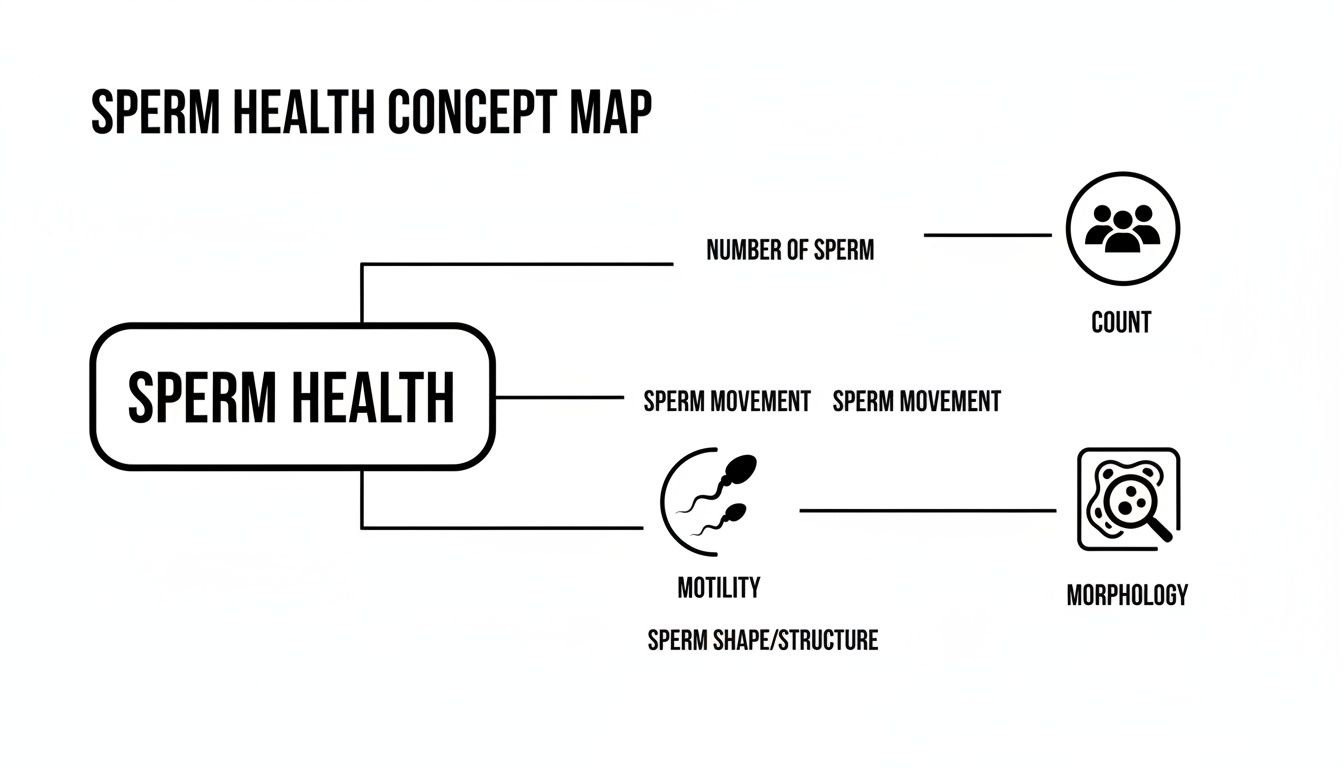 A concept map outlines sperm health factors: count (number of sperm), motility (movement), and morphology (shape/structure).