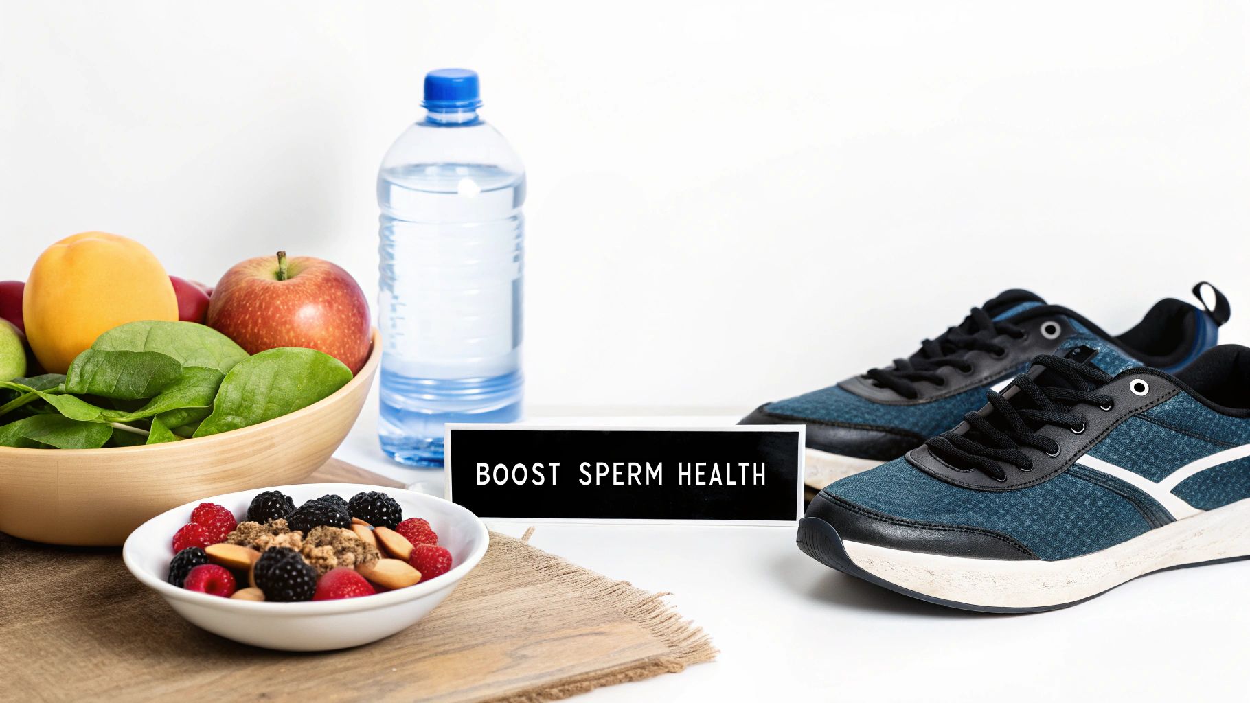 A healthy diet of fruits, vegetables, berries, water, and exercise shoes, with a sign reading 'Boost Sperm Health'.