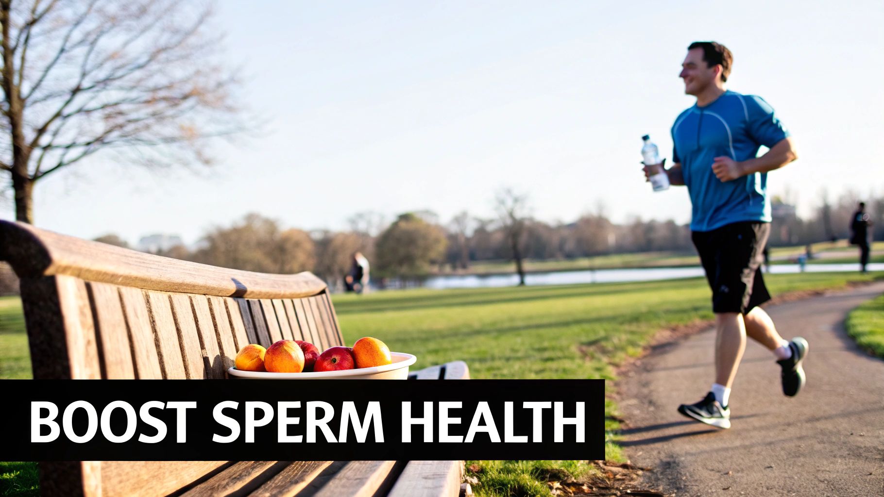 A man jogs in a park with fresh fruits on a bench, promoting sperm health.