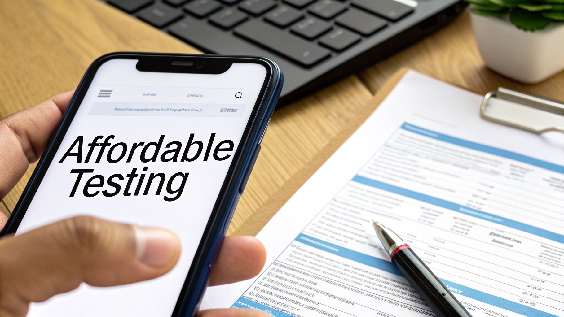 Hand holding a smartphone displaying 'Affordable Testing' next to a medical form and a pen on a wooden desk.