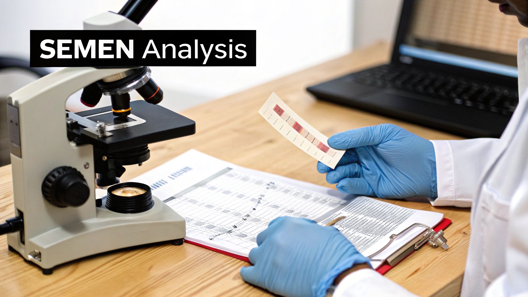 Lab professional in blue gloves performing semen analysis using a microscope and test strip.