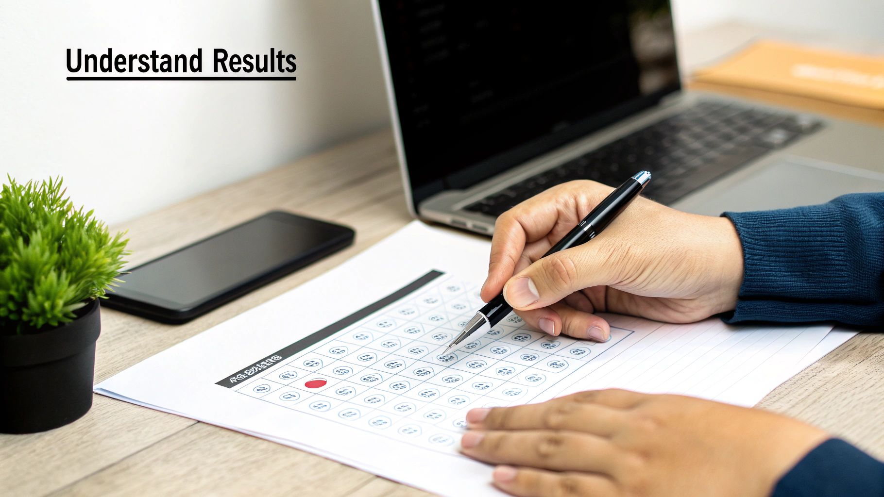 A person marks a test result sheet with a pen, reviewing findings on a desk with a laptop.
