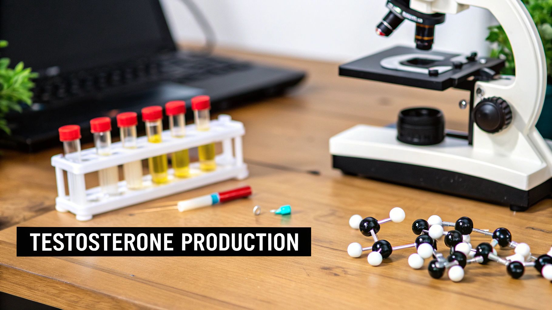 A laboratory setup with test tubes, a microscope, a syringe, and a molecular model for testosterone production.