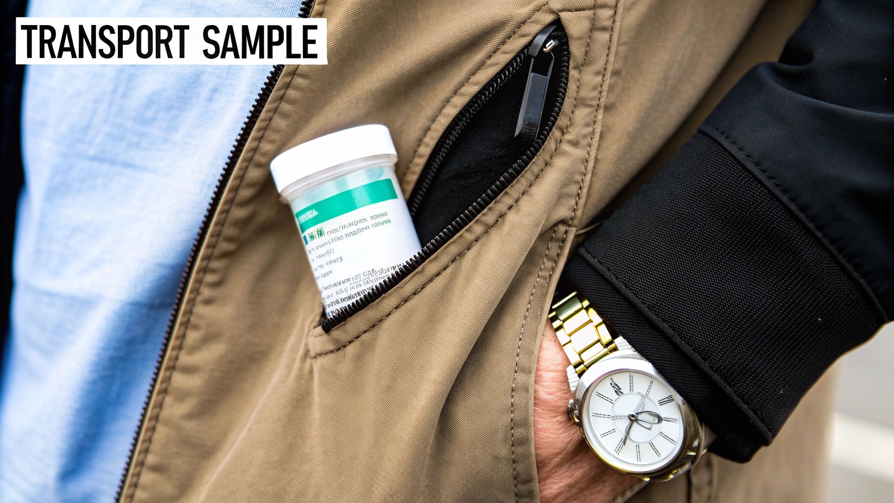 A person with a tan jacket and wristwatch, carrying a sample bottle in a zippered pocket for transport.