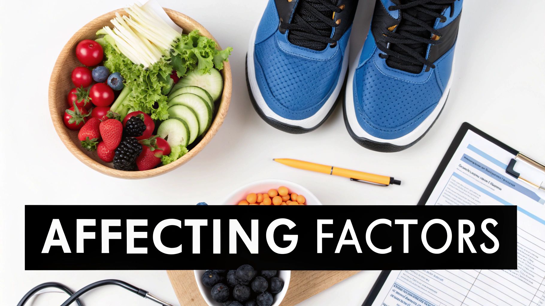 A flat lay of fresh produce, athletic shoes, medical items, and text 'AFFECTING FACTORS'.