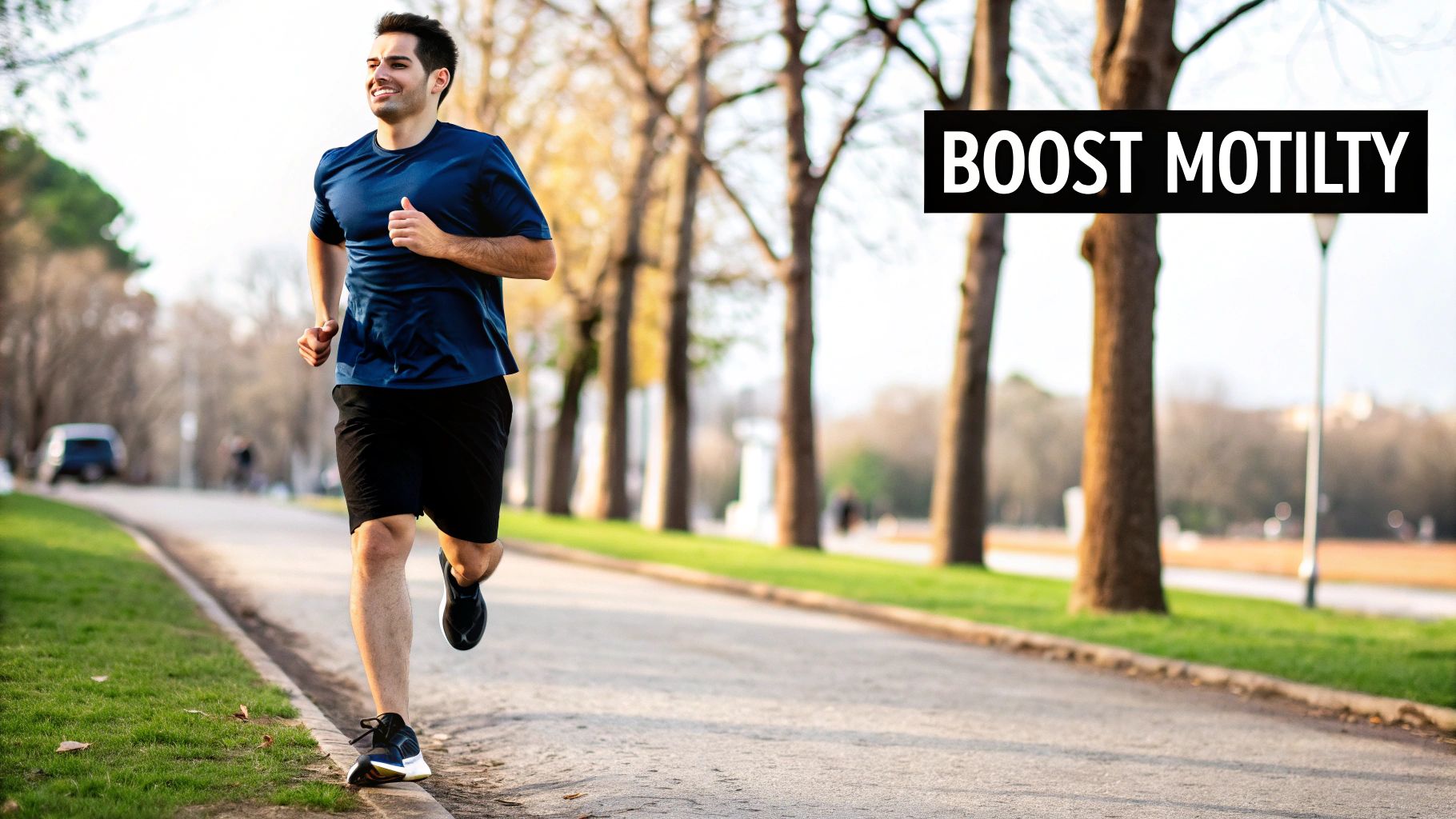A smiling man in athletic wear jogs outdoors on a tree-lined path, with text 'BOOST MOTILITY' displayed.
