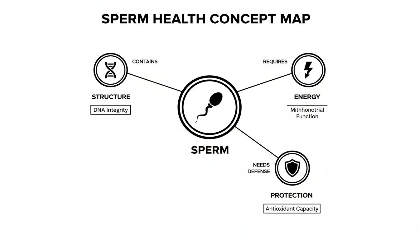 Concept map illustrating sperm health, detailing its structure (DNA integrity), energy (mitochondrial function), and protection (antioxidant capacity).