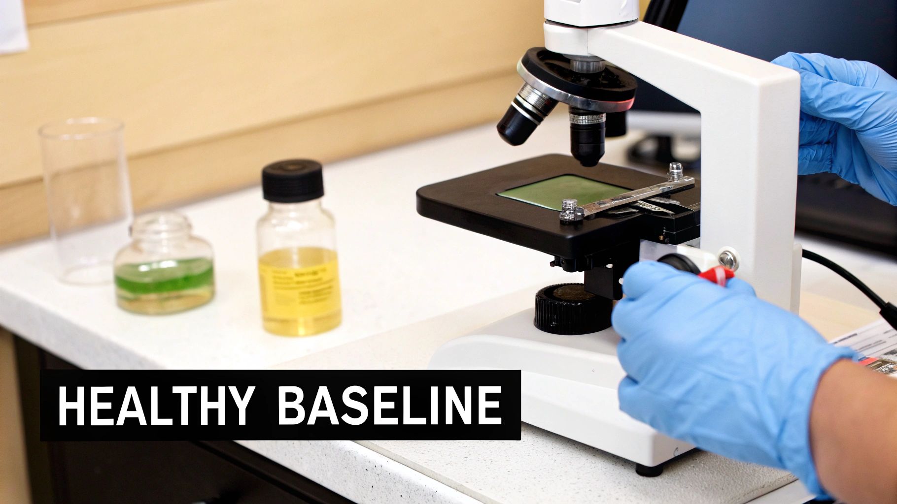 Gloved hands operate a microscope next to test tubes with yellow and green liquids, labeled 'Healthy Baseline'.