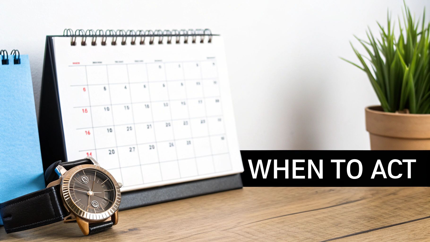 A desk with a calendar, a wristwatch, and a potted plant, with text 'WHEN TO ACT'.