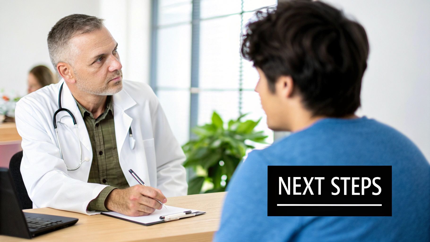 A male doctor with a stethoscope consults a patient, writing notes during a medical appointment.