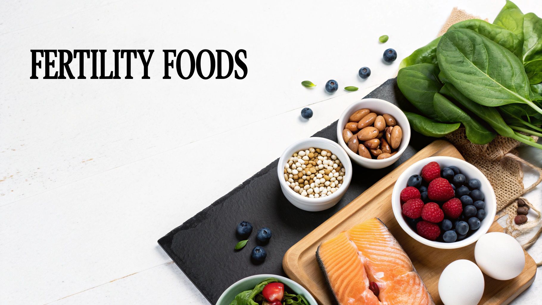 An overhead shot of fertility foods like salmon, berries, nuts, eggs, and spinach.