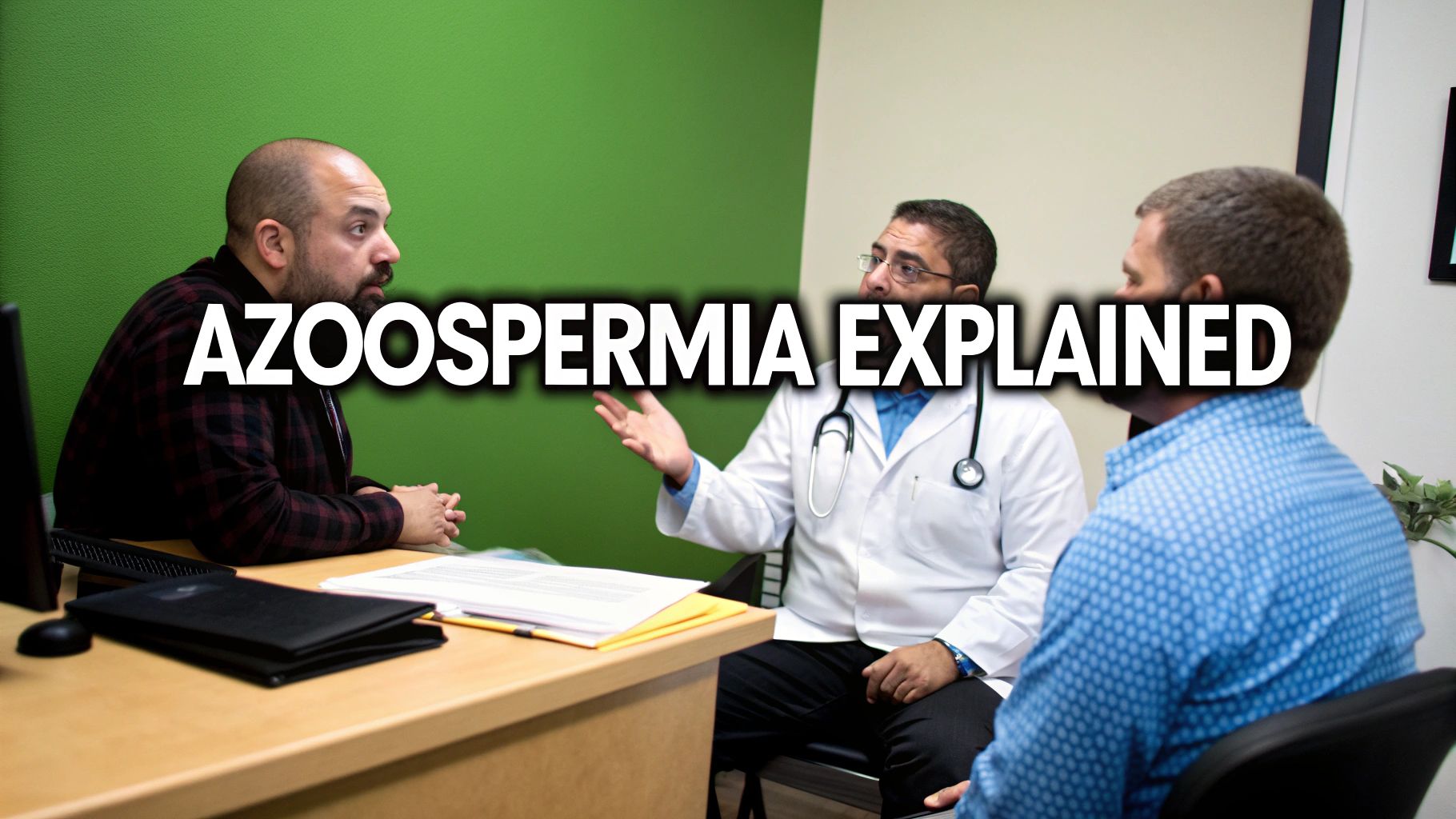 A doctor in a white coat explains azoospermia to two male patients during a consultation in a clinic.