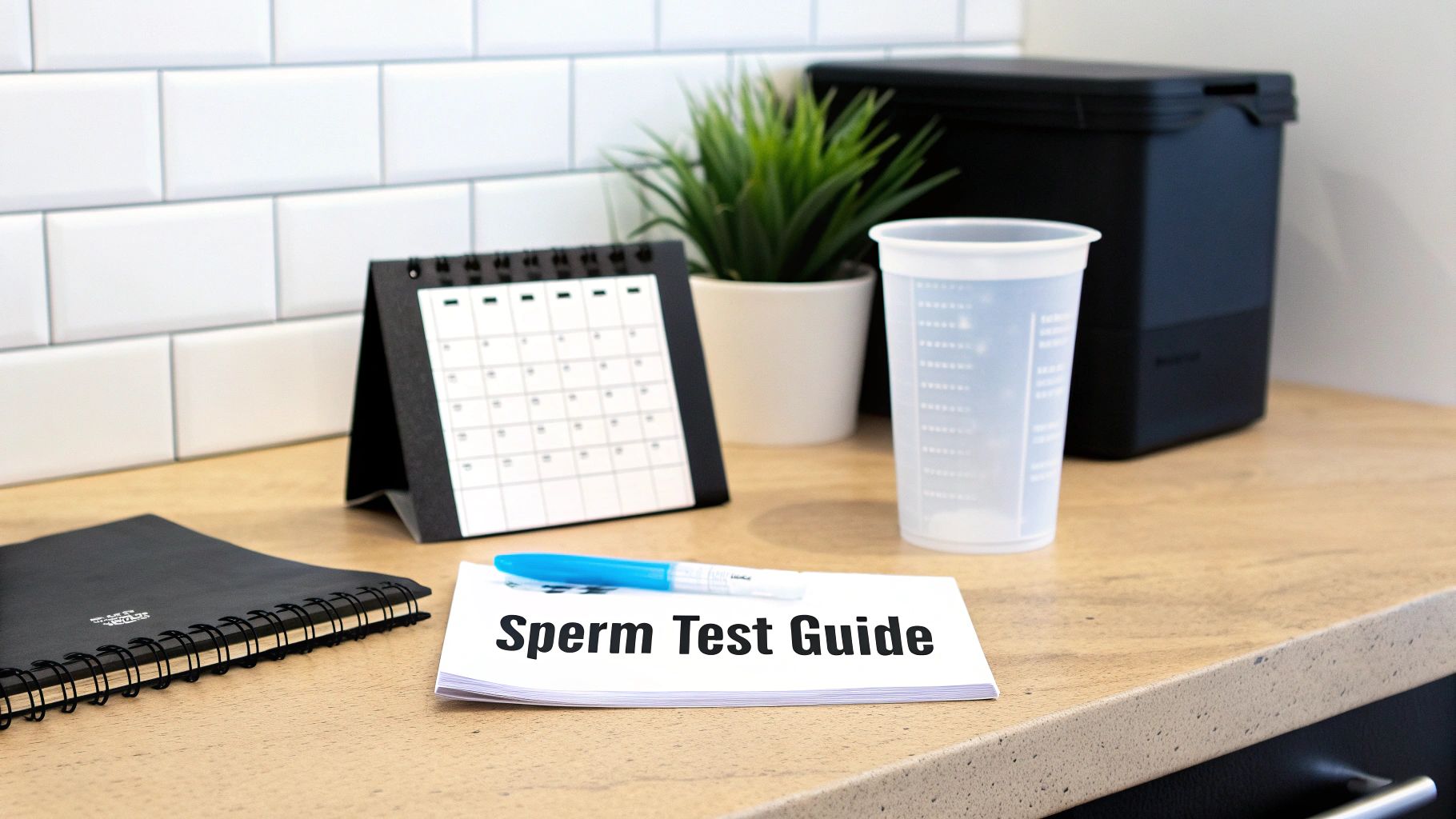 A 'Sperm Test Guide' booklet, pen, calendar, and measuring cup are displayed on a light wooden countertop.
