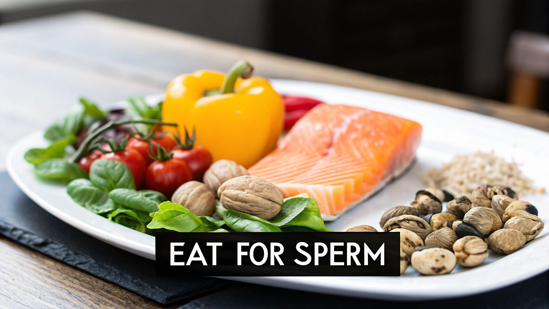 A plate of various healthy foods including salmon, bell pepper, tomatoes, spinach, walnuts, and rice, with text 'EAT FOR SPERM'.