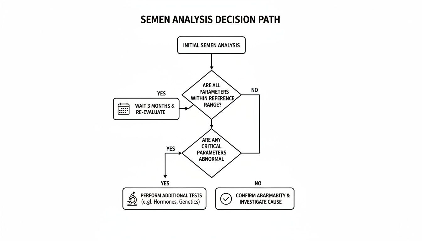 A medical flowchart outlining the semen analysis decision path for diagnosing male infertility.
