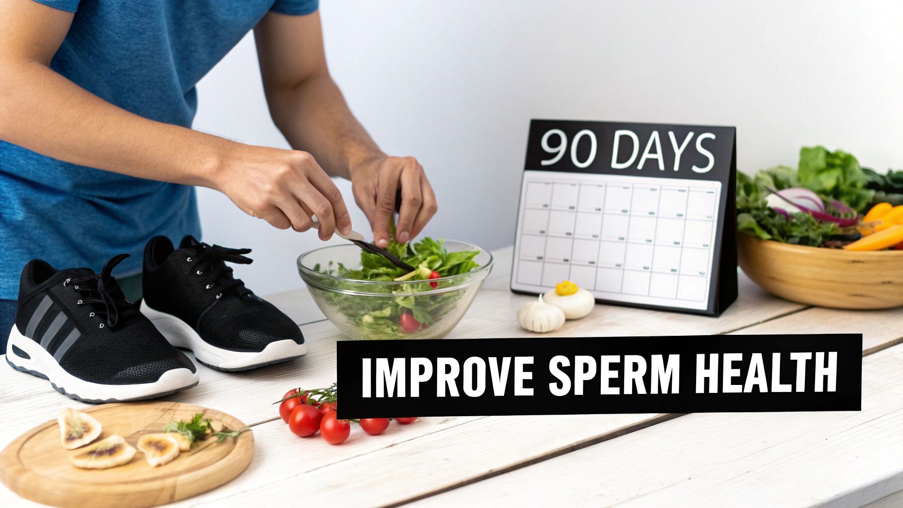 A person preparing a healthy salad, with running shoes and a '90 DAYS' calendar, promoting improved sperm health.