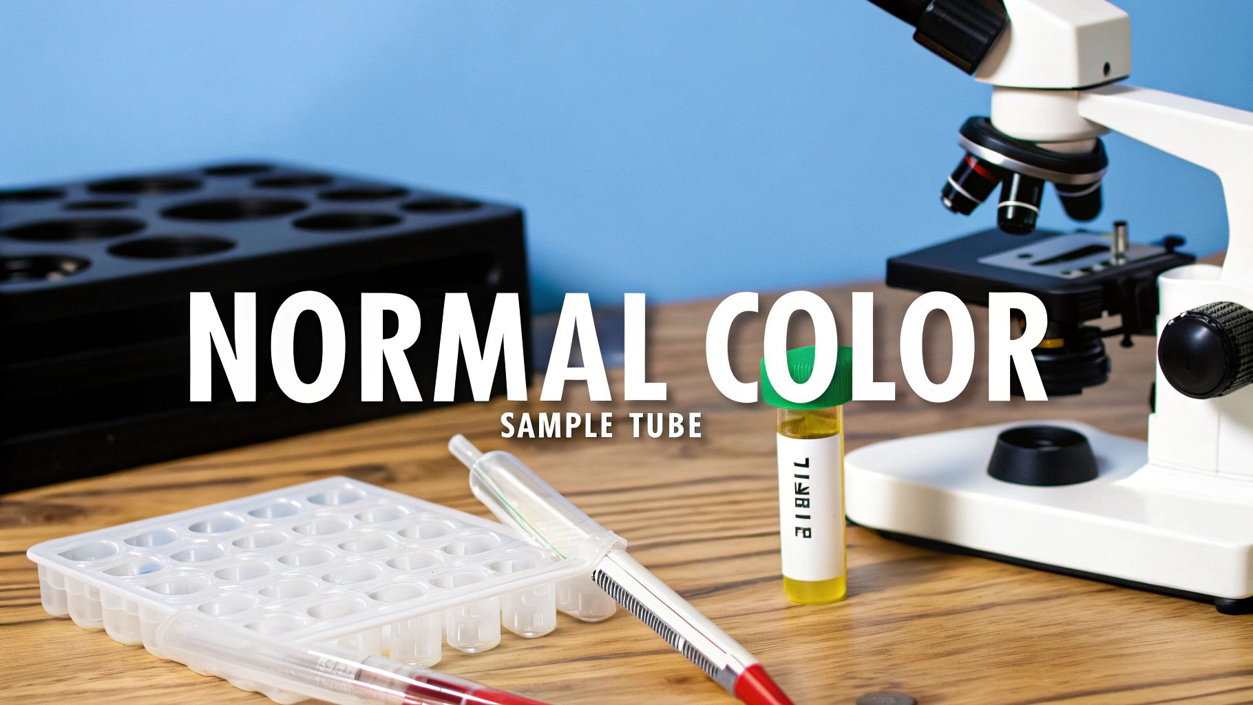A lab setup with a microscope, sample tubes, and tray on a wooden desk, with 'NORMAL COLOR SAMPLE TUBE' text overlay.