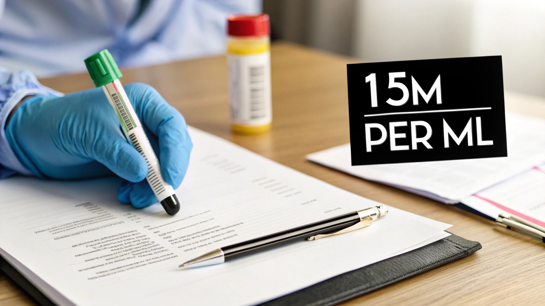 A gloved hand holds a test tube over medical forms with a '15M PER ML' overlay.
