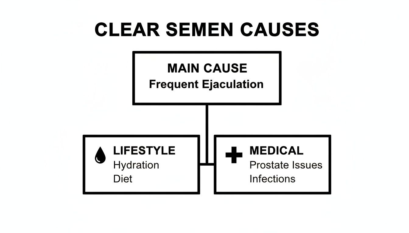 A diagram outlining the causes of clear semen, including frequent ejaculation, lifestyle, and medical factors.