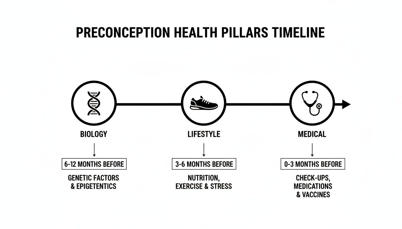 Infographic illustrating the preconception health pillars timeline: Biology, Lifestyle, and Medical, with corresponding timeframes and factors.