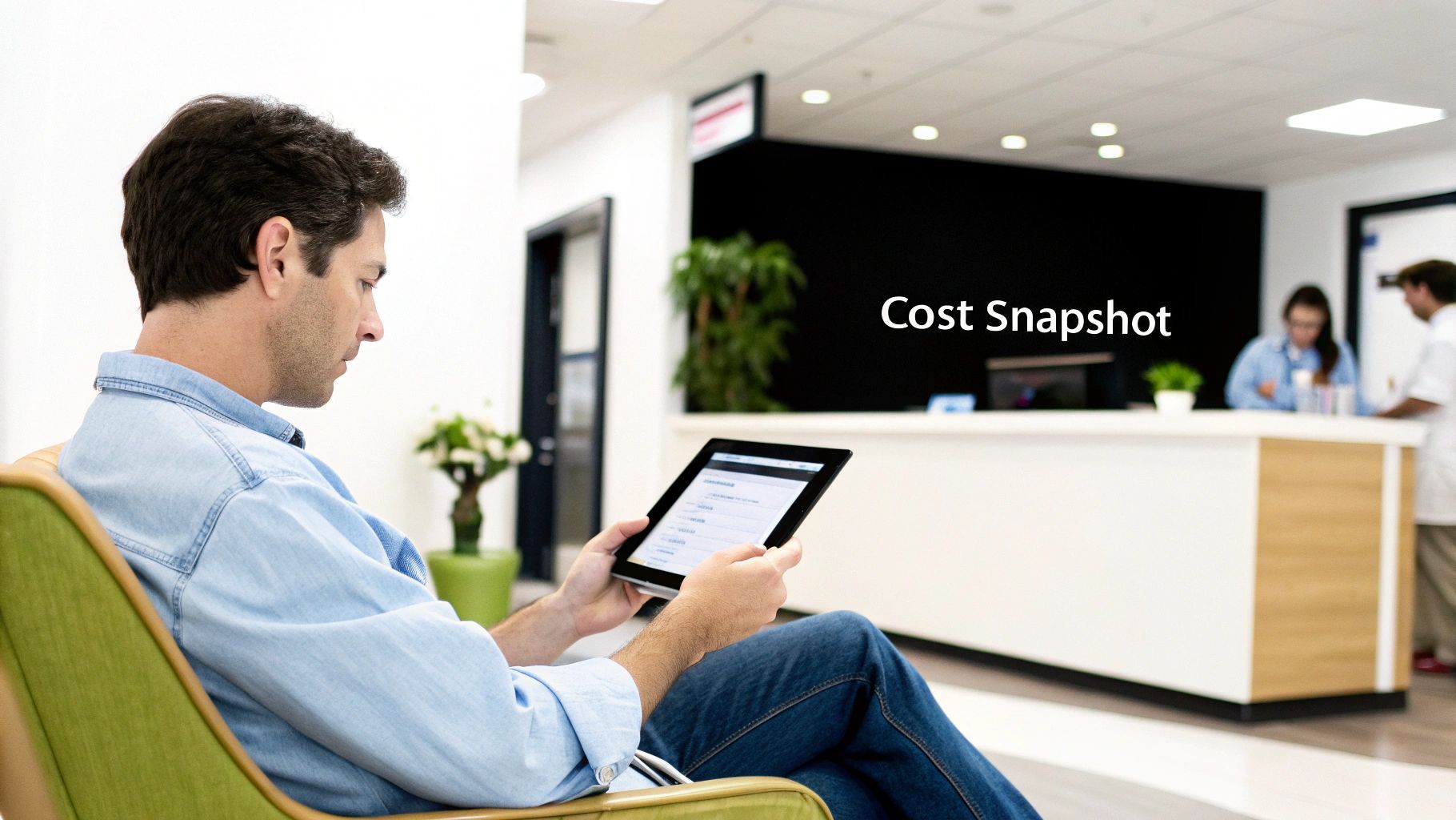 Man in a light blue shirt sits in a modern clinic waiting room, using a digital tablet.