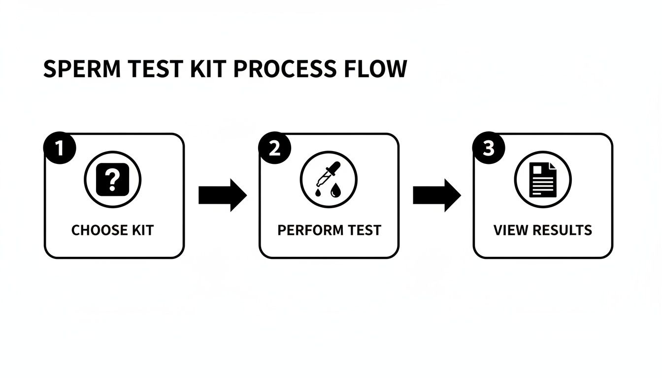 Flowchart illustrating three steps for a sperm test kit: choose kit, perform test, and view results.