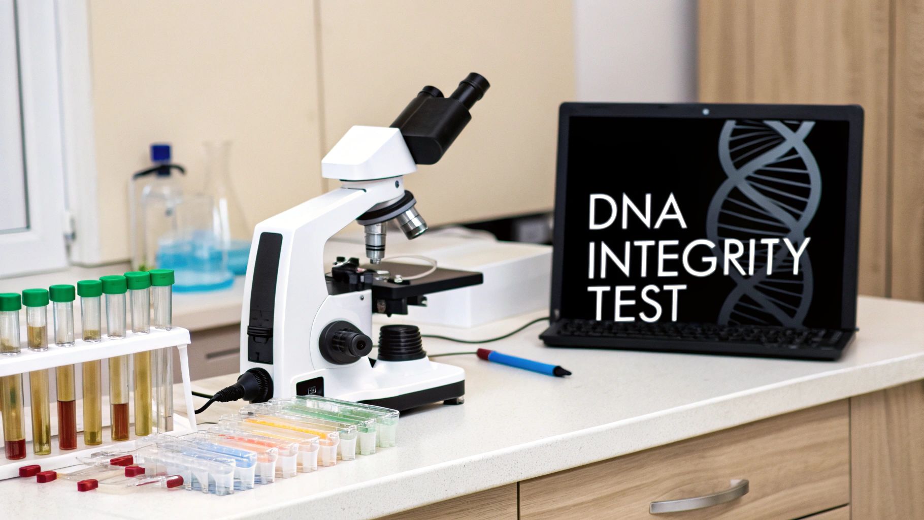 A laboratory workstation with a microscope, test tubes, and a laptop displaying a DNA integrity test.