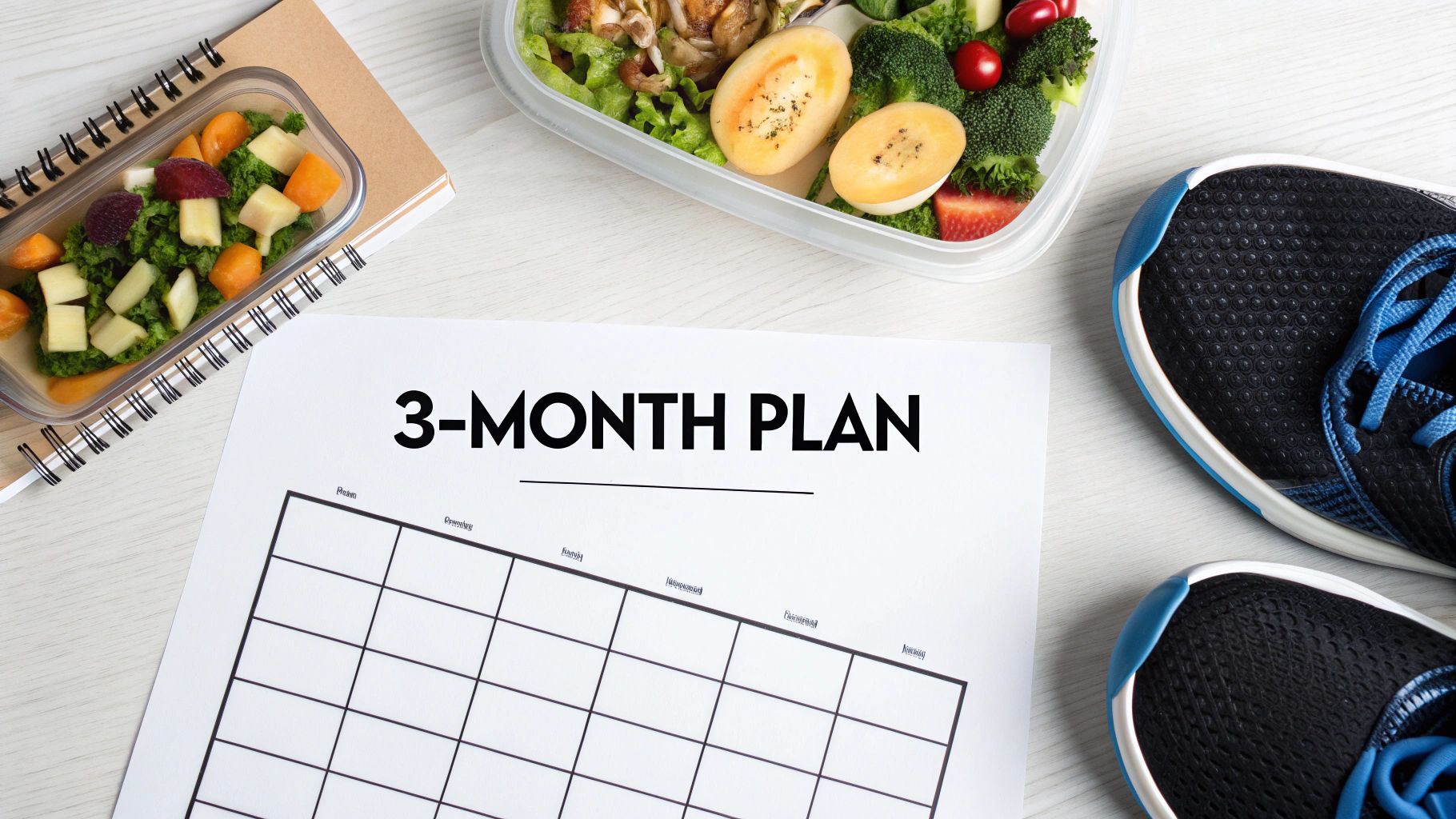Overhead shot of a 3-month fitness plan document, healthy food containers, and athletic shoes.