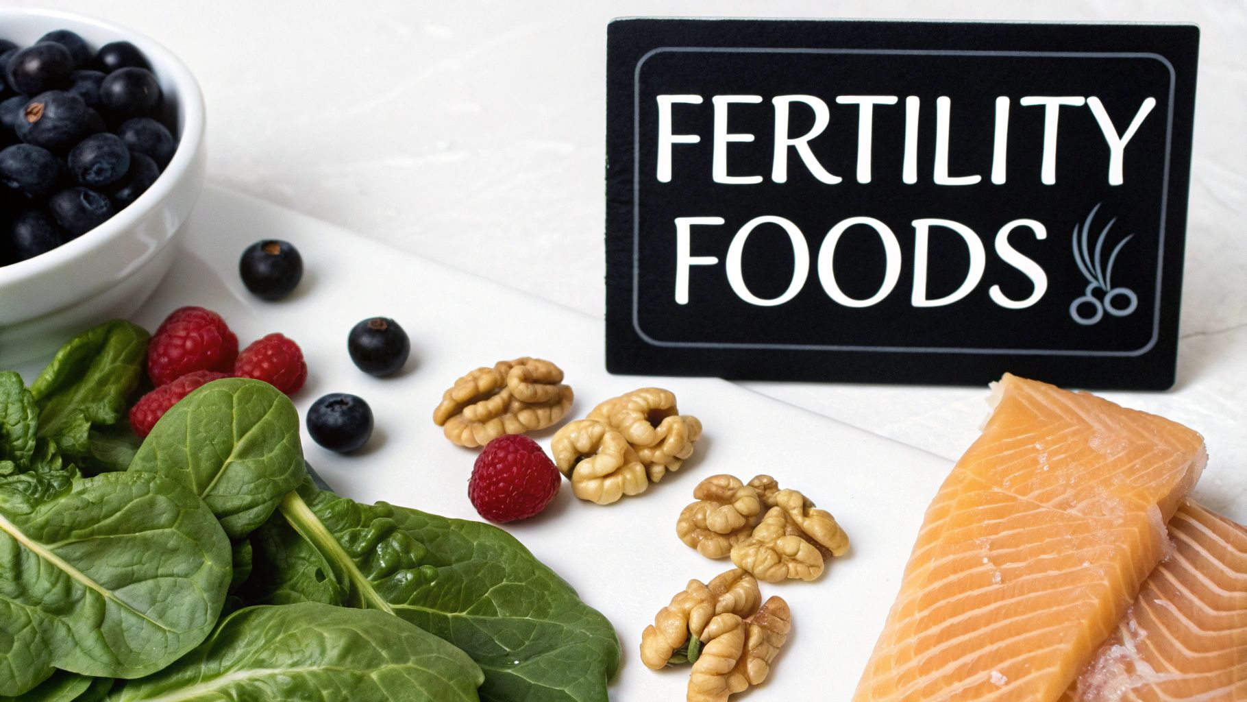 A display of fertility-boosting foods including salmon, spinach, blueberries, raspberries, and walnuts, with a 'Fertility Foods' sign.