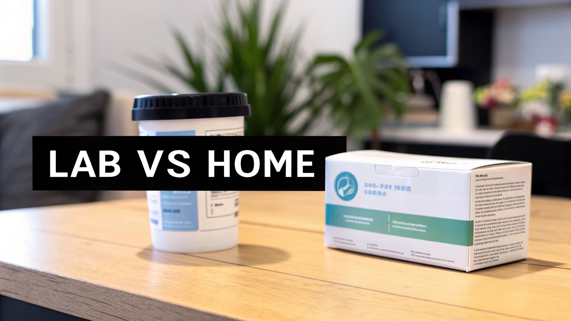 A black banner with 'LAB VS HOME' text over a lab sample container and a home test kit on a table.