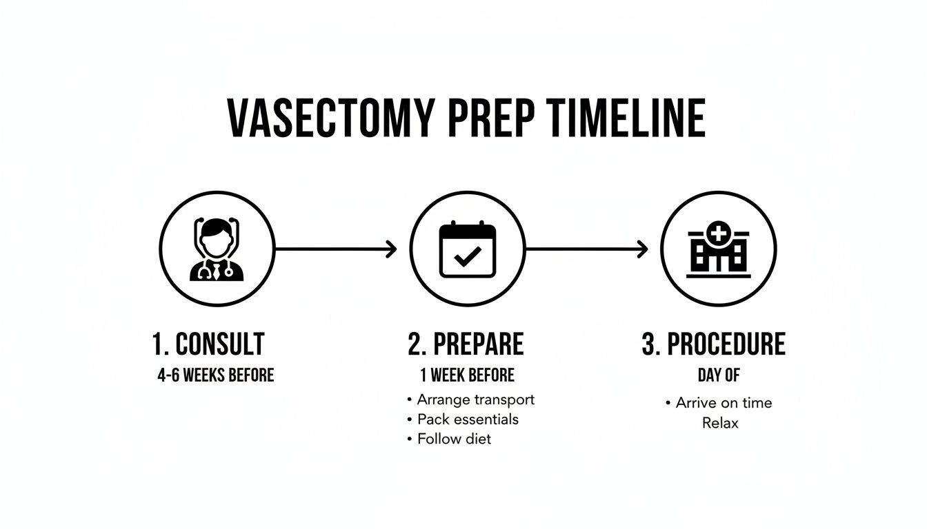 A vasectomy preparation timeline showing three steps: consult, prepare, and procedure, with timeframes and actions.