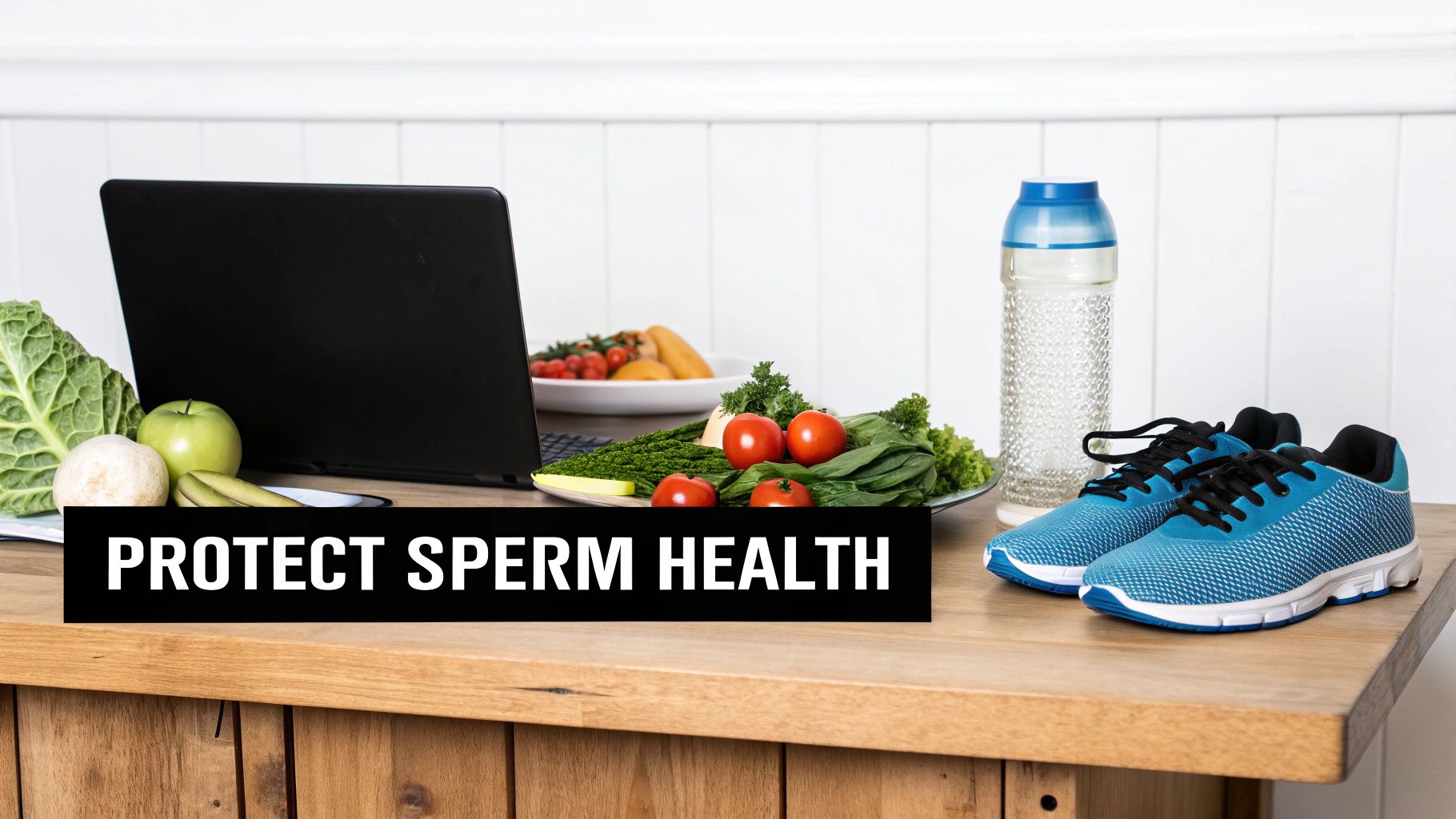 A desk with healthy food, running shoes, and a laptop, displaying 'PROTECT SPERM HEALTH' for male fertility.